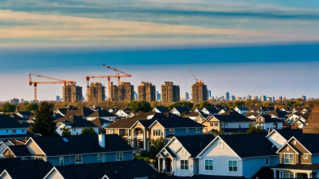 Residential expansion view: houses contrasting with urban development and crane skyline, city growth