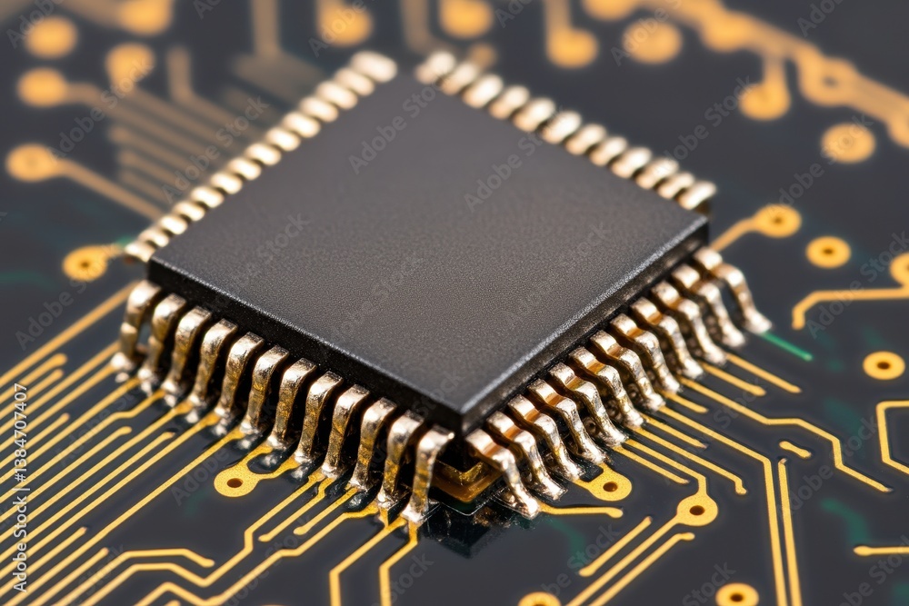 Poster closeup view of an electronic circuit board showcasing a microchip with intricate details and connec