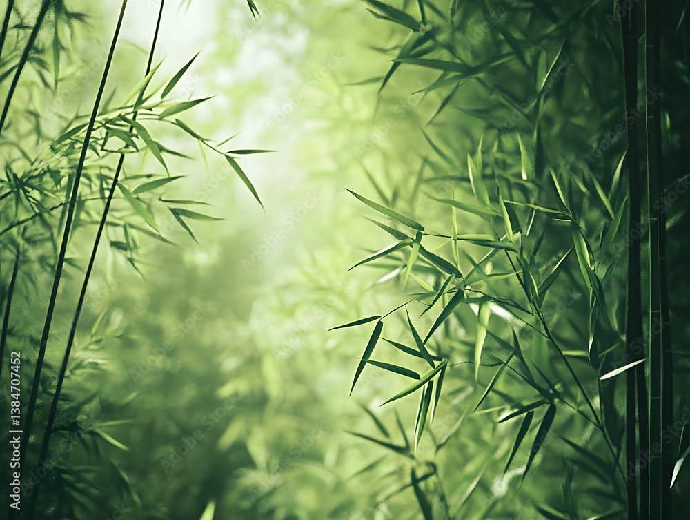Poster lush green bamboo forest with soft light filtering through leaves