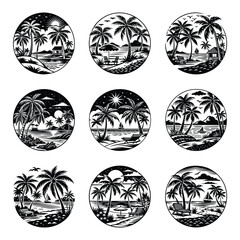 Black and white illustrations of tropical beach scenes with palm trees silhouette isolated on white background