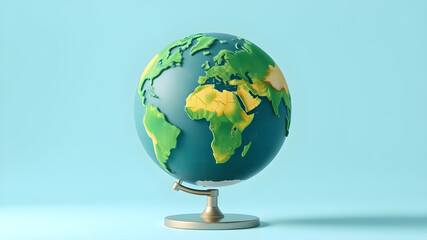 3D globe with sky blue earth green world map. science learning, worldwide nature travel geography education learning Generative AI