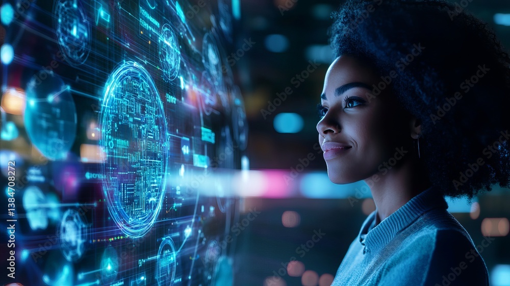 Poster woman viewing holographic display with glowing blue digital interface and circuit patterns visible