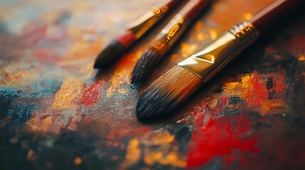 Fototapeta premium Paintbrushes resting on colorful palette, studio, art supplies