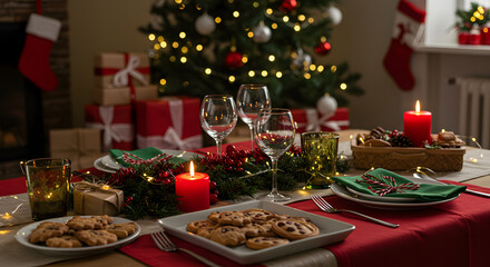 Cozy Christmas Eve Dinner Table Setting with Candles and Cookies