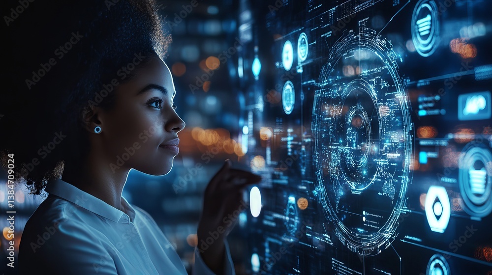 Poster woman interacting with holographic display of complex data and futuristic interface elements