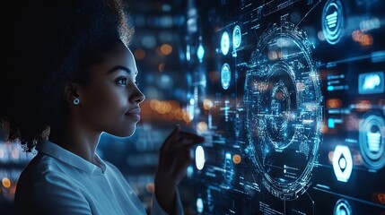 Woman interacting with holographic display of complex data and futuristic interface elements