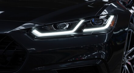 Fototapeta premium sleek black sports car with sharp, angular led headlights illuminating a dimly lit garage. generative ai