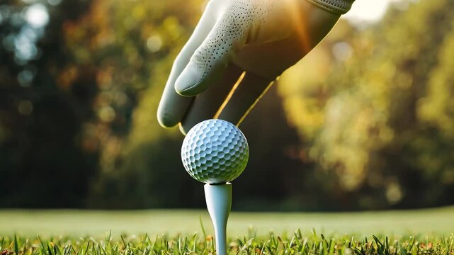 Hand in glove placing golf ball on tee during sunset at a lush green golf course, Hand in glove placing golf ball on tee