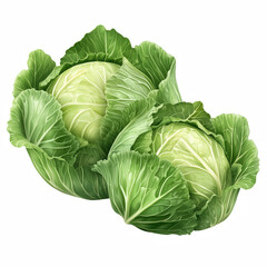 Fototapeta premium Two fresh green cabbages with crisp layered leaves and natural texture, healthy organic vegetable isolated on transparent background.