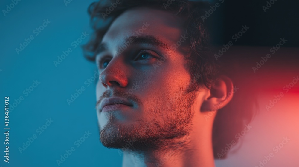 Poster capture minimalistic portrait of streaming enthusiast in focus with abstract blurred background