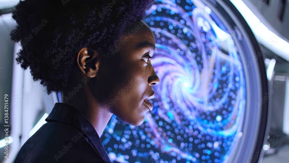 Poster black female scientist looking at a swirling galaxy simulation displayed on a circular screen in a l