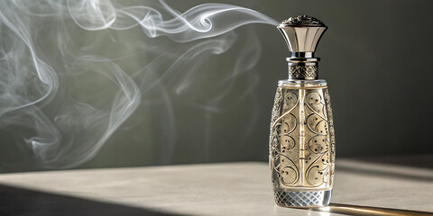 luxurious bottle of perfume with fume on table