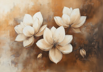 white and beige abstract flowers, oil painting, beige background, beige color palette, brown and white, neutral tones.