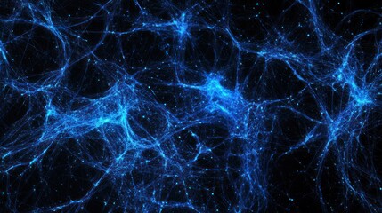 Abstract network of blue glowing strands on black background. Possible use stock photo