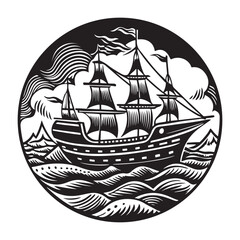 Vintage Sailboat Illustration – Black and White Nautical Woodcut Ship Art at Sea, ship silhouette vector art illustration.