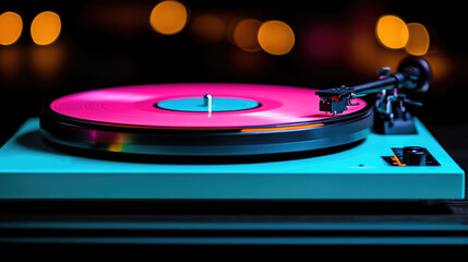 Vibrant Pink Vinyl Record Spinning on Retro Turquoise Turntable Against Warm Bokeh Background