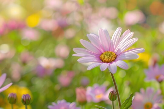 A single pink daisy blooms amidst a vibrant flower field in springtime - Powered by Adobe