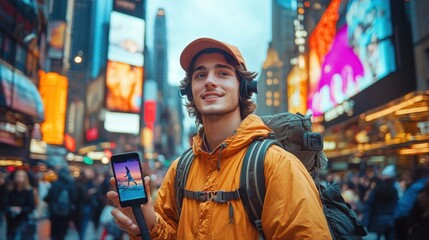 Fototapeta premium Young Traveler with Smartphone Exploring Vibrant Cityscape with Bright Billboards