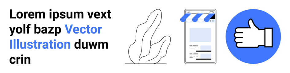 Mobile storefront beside blue thumbs-up icon and flowing line art design. Ideal for e-commerce, customer reviews, approval, branding, digital marketing, social media visuals, simple landing page