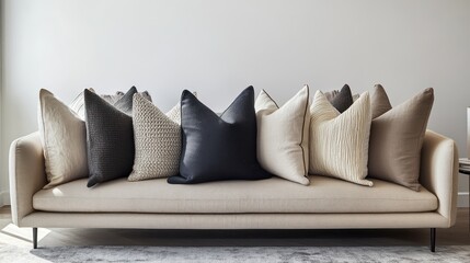 A modern living room with a neutral-toned sofa styled with a mix of textured throw pillows in shades of beige cream and charcoal arranged neatly