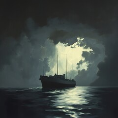 Fototapeta premium Midnight Voyage: A Ship at Sea Under a Dramatic Sky