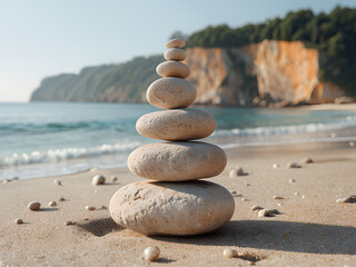 Balanced zen stones stacked on a sandy beach with ocean cliffs in the background. 