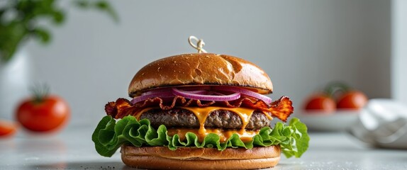 A delicious colorful gourmet burger with many fresh toppings is shown.