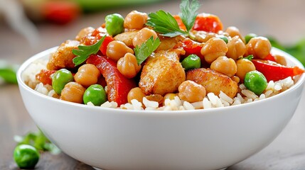 Chicken Chickpea Curry with Brown Rice in White Bowl