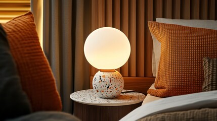 A modern table lamp with a terrazzo base and a round opal glass shade styled on a minimalist bedside table