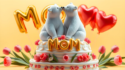 Obraz premium 3D Mother's day poster. Porcelain polar bears sitting on layer cake with tulips and heart shape balloons in the back. Light yellow background with golden mom text balloons. Generative AI