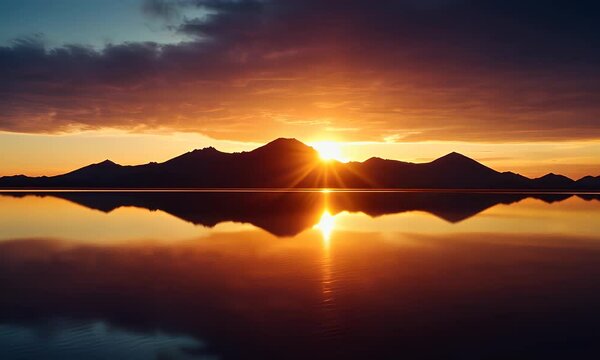 Silhouette Mountains Reflected in Calm Orange Sunset Lake