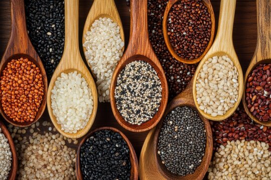 Variety of Colorful Seeds Displayed in Wooden Spoons on Table
