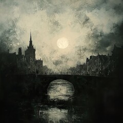Moonlit Bridge: A Gothic Cityscape at Night