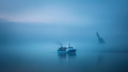 Fototapeta premium Calm Morning Fog Over Water with Ship and Crane Silhouette