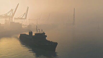Fototapeta premium Foggy Port Scene with Cargo Ship and Cranes at Dawn Light