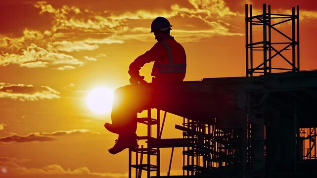 Silhouette of a construction worker taking a break against a sunset backdrop above urban skyline, a silhouette worker building take rest on sunset videoing