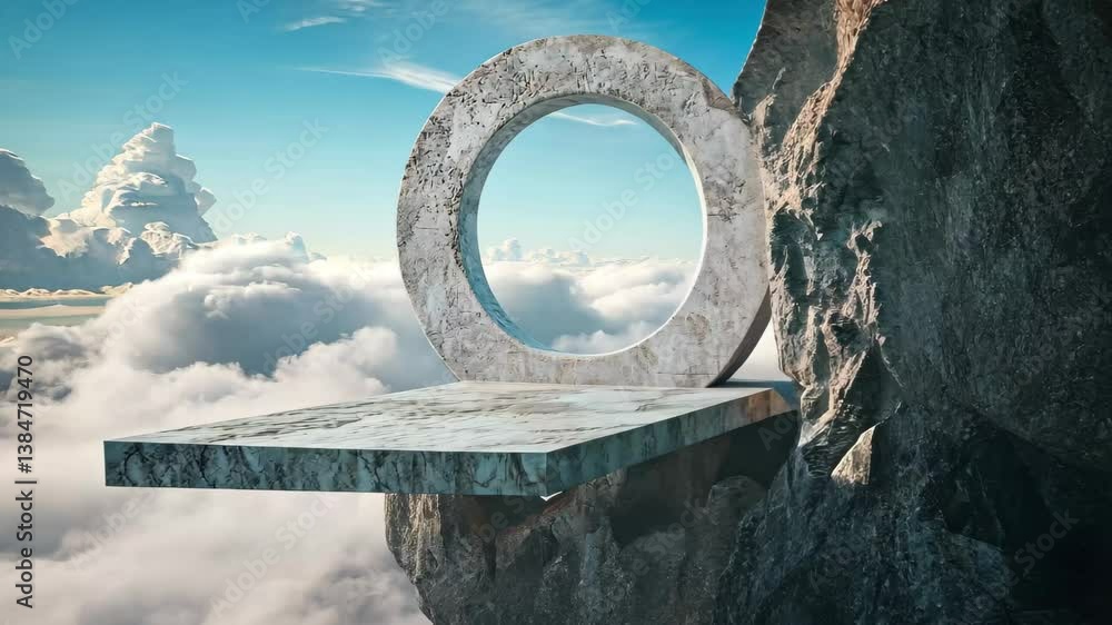Poster surreal landscape with a floating platform and a circular structure above the clouds, abstract 3d re