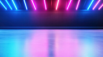 A vibrant, illuminated ice rink with colorful neon lights reflecting on a smooth surface, creating a dynamic atmosphere.