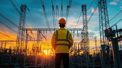 Engineer Standing at High Voltage Transmission Power Station â€“ Power Grid Infrastructure and Engineering 