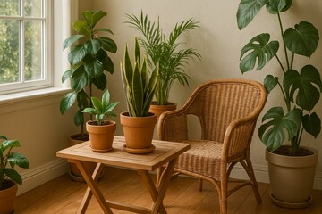 Serene Indoor Garden  Houseplants, Rattan Chair, and Natural Light