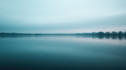 Fototapeta premium Calm lake, misty dawn, trees reflected, serene landscape, website banner