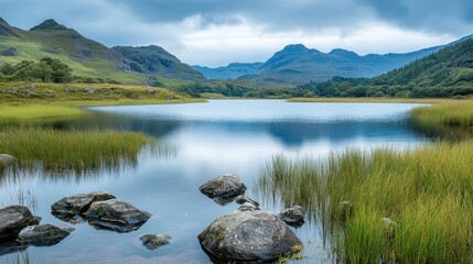 Fototapeta premium Calm lake, mountain reflection, tranquil landscape, travel poster