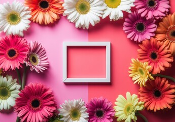 Obraz premium Vibrant Pink and White Gerbera Daisies with Empty Frame Centerpiece