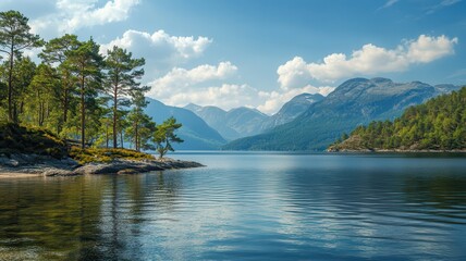 Calm lake, mountain view, pines, sunny day, travel poster