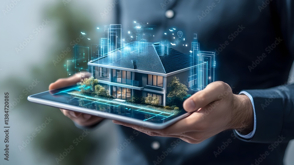 Poster man holding tablet with virtual house model and modern graphics
