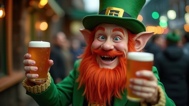Cheerful adult celebrating with leprechaun costume at street festival