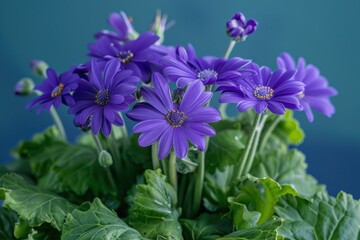 A vibrant cluster of purple flowers with lush green leaves on a blue background