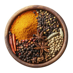 Dried aromatic organic spices like black and white peppercorn and a brown wooden bowl  ingredients for seasoning on transparent background