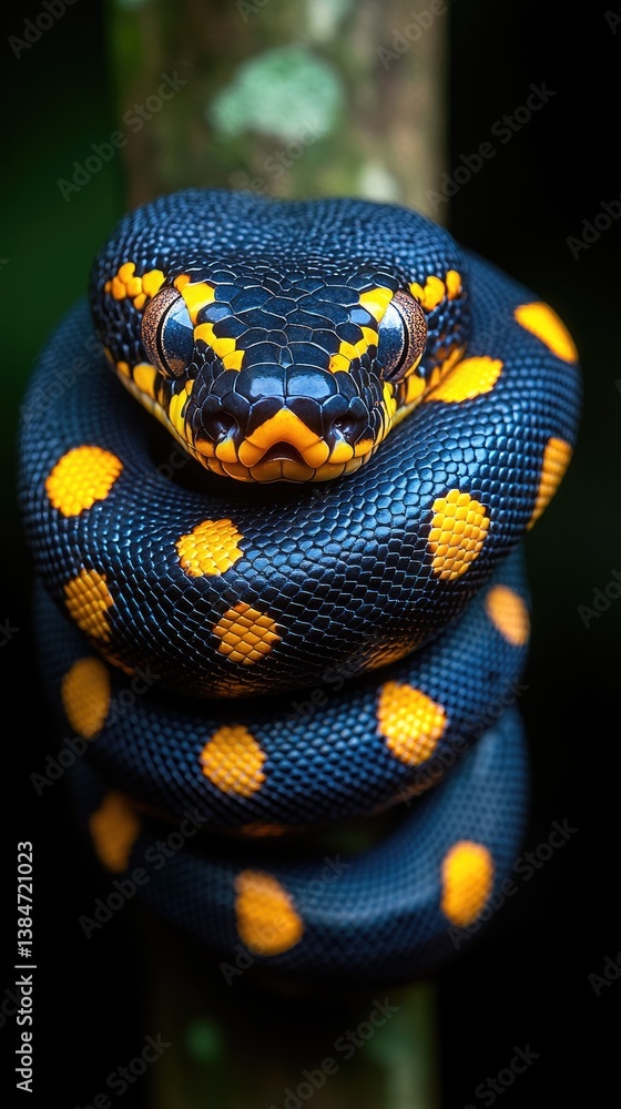 Poster close-up of a vibrant black and orange snake coiled on a tree branch in a lush forest setting