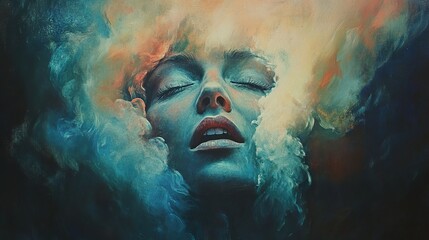 Serene Dreams: A Woman's Peaceful Portrait in a World of Color and Smoke